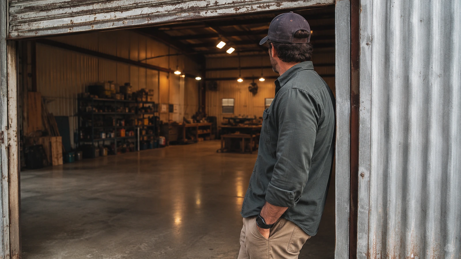 Owner-operator standing at the roll-up door of his warehouse