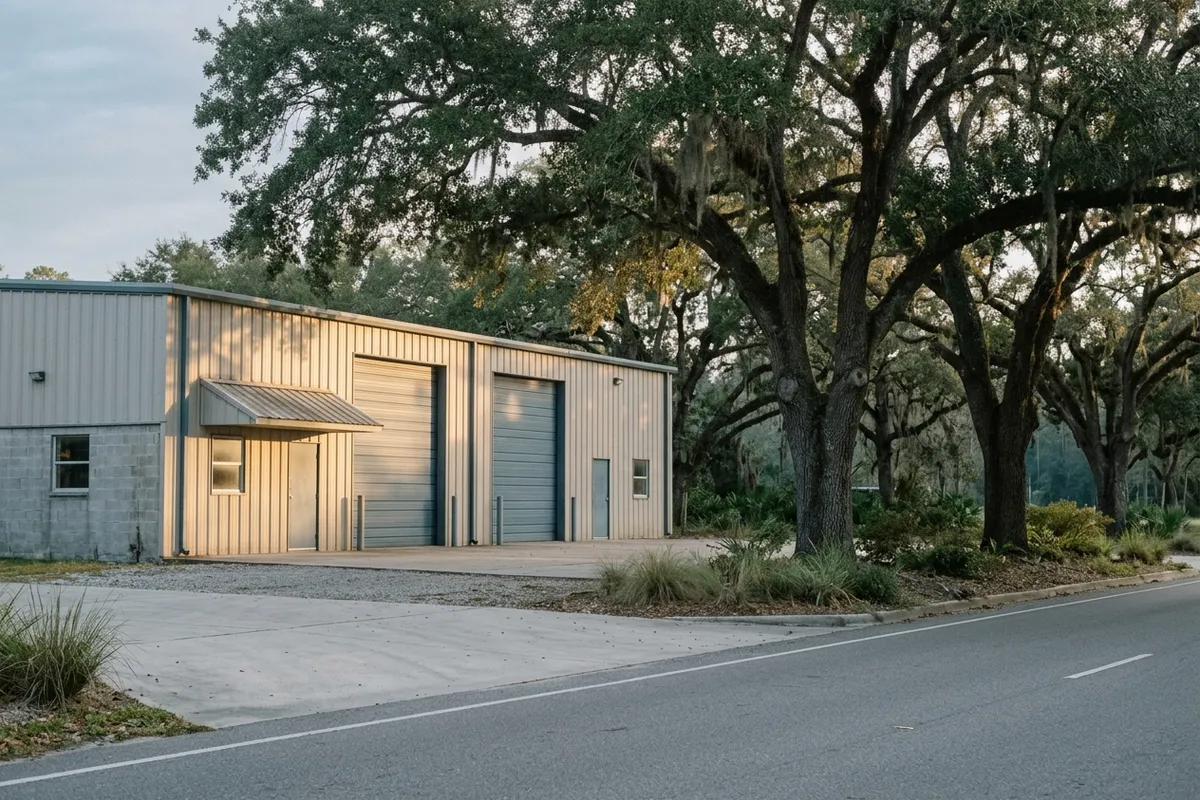 A Mandeville light-industrial street edge in soft golden morning light, live oaks meeting metal buildings