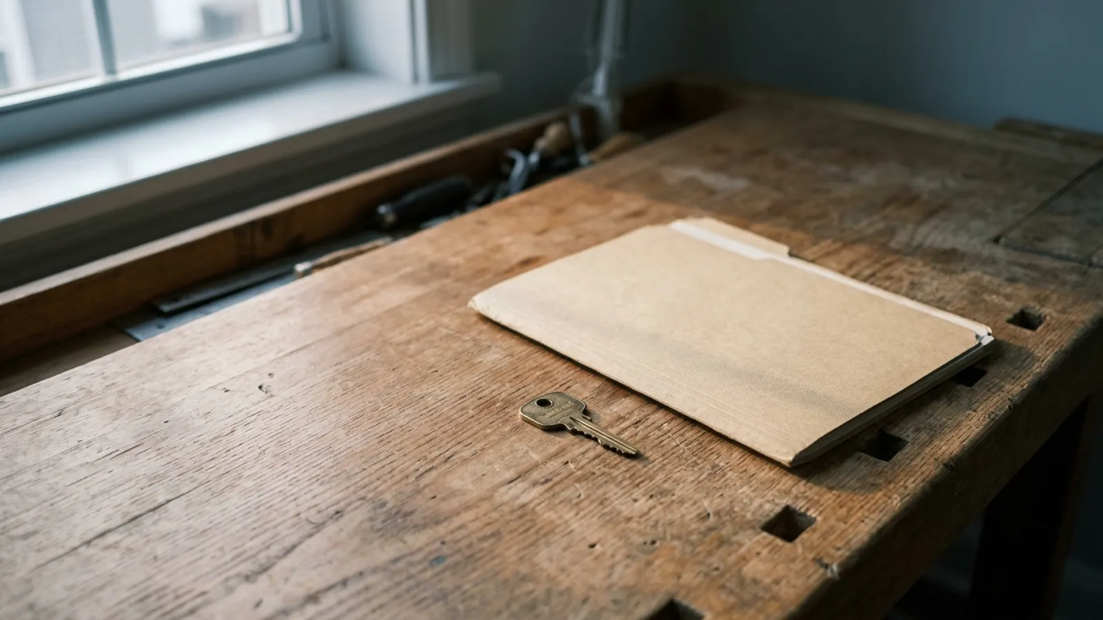 A single key and a closed manila folder resting on a clean workbench in warm window light